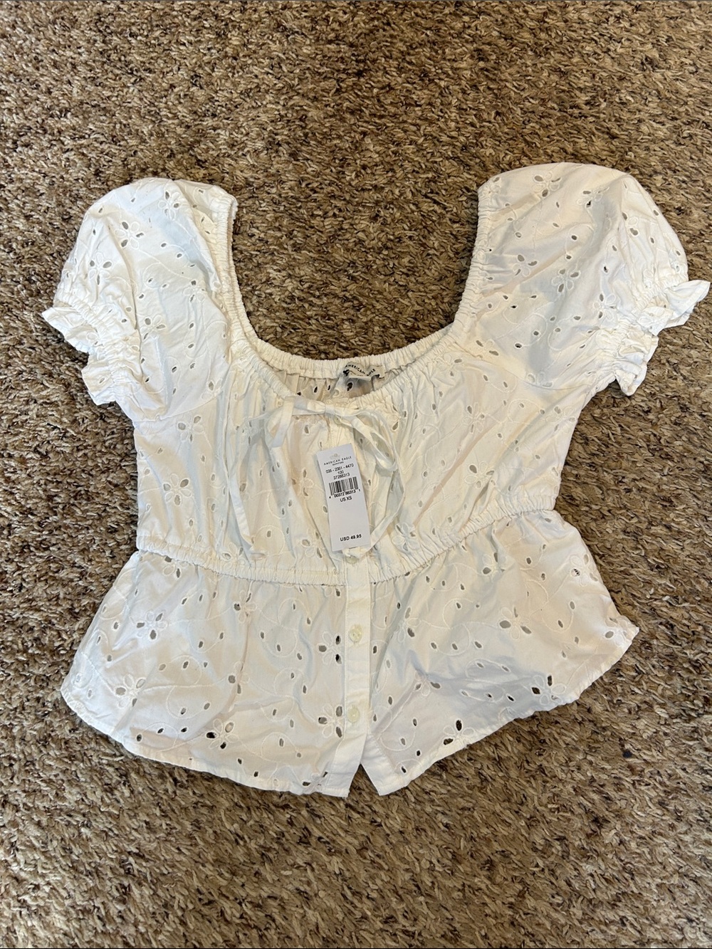American Eagle Outfitters White Eyelet Peplum Short-Sleeve Top